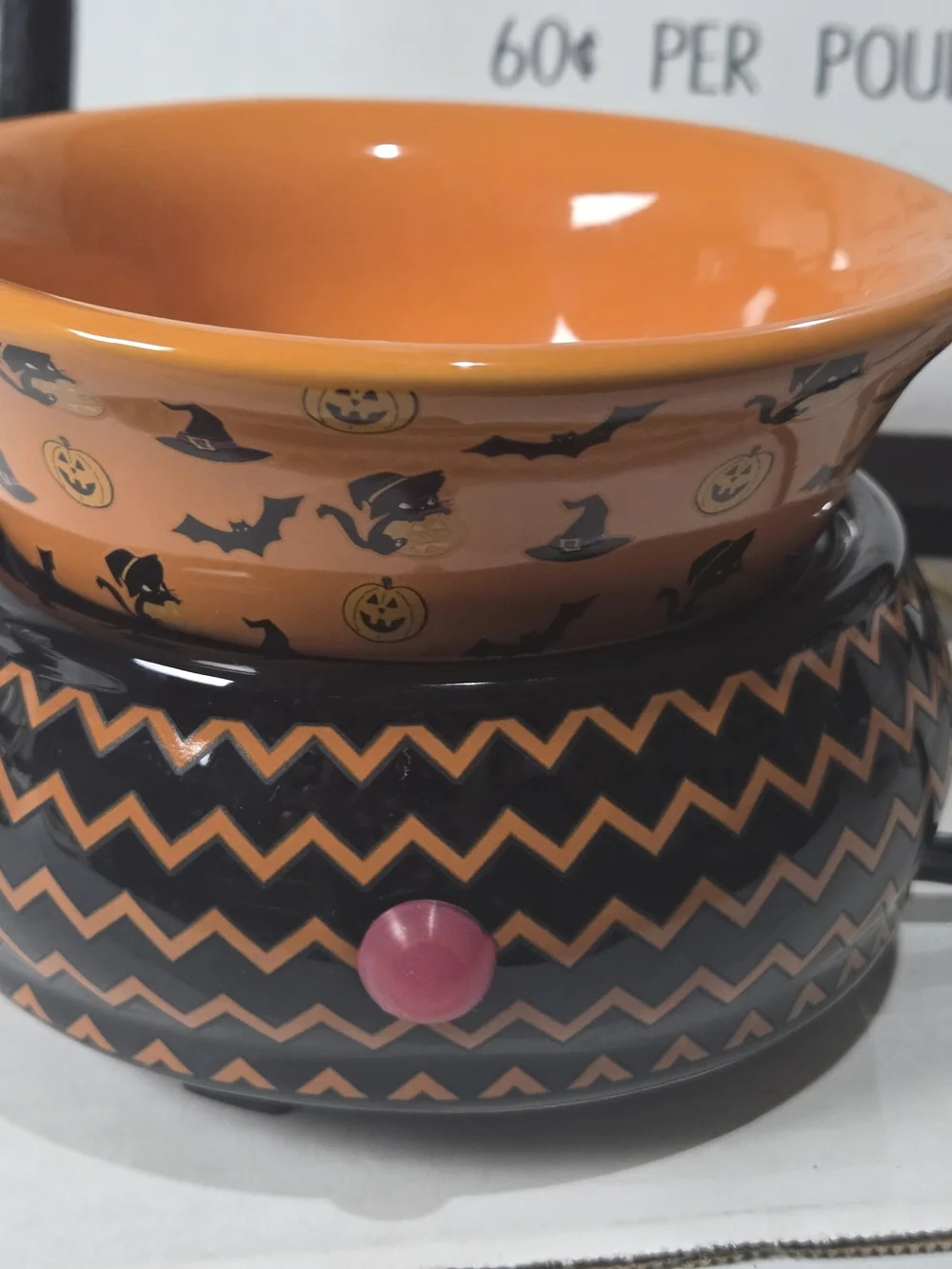 Pink Zebra Orange & Black Halloween Ceramic Warmer - Bat and Chevron Design